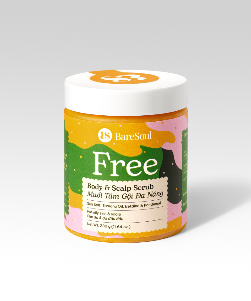 Muối tắm gội tẩy tế bào chết da đầu và body cho tóc bết và da body dầu, mụn BareSoul Free